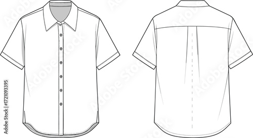 Short sleeve button down shirt flat sketch, front and back view fashion template, apparel design vector, clothing garment outline, casual blouse illustration