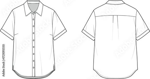 Short sleeve shirt fashion flat sketch, front and back technical drawing, button down blouse template, apparel design vector, clothing garment illustration