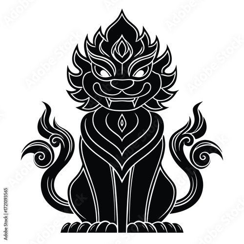 Mythical creature with fiery mane and curled tail black and white