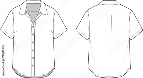 Short sleeve shirt fashion flat, technical sketch front and back, apparel design template, button down blouse vector, garment illustration drawing