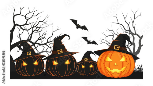 Spooky Halloween pumpkins and Bat Silhouette: A whimsical illustration of Halloween, featuring a group of carved pumpkins wearing witch hats, silhouetted against barren trees and ominous bats.