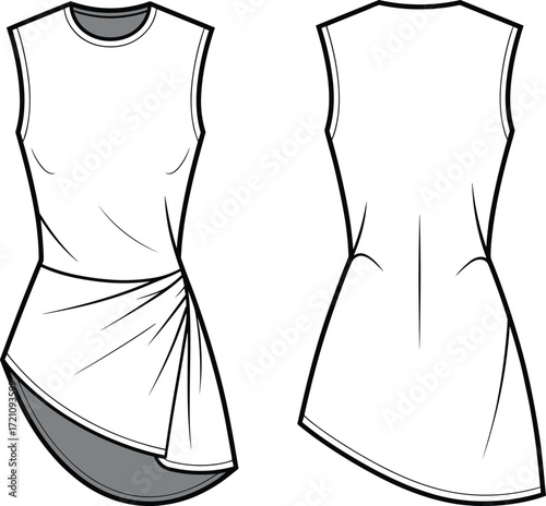 Sleeveless dress flat fashion sketch with asymmetric draped hem, modern apparel template, vector clothing design, stylish garment illustration, fashion drawing