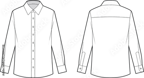 Vector fashion flat sketch men dress shirt template, front and back view, long sleeve button down collar shirt, apparel technical drawing illustration