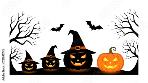 Spooky Halloween Scene: Festive halloween arrangement showcasing carved pumpkin faces with illuminated glow, silhouetted trees, and airborne bats, designed to evoke the spirit of the holiday.