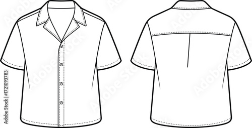 Vector fashion flat sketch of short sleeve button down shirt with collar, front buttons, casual apparel design, men women clothing illustration
