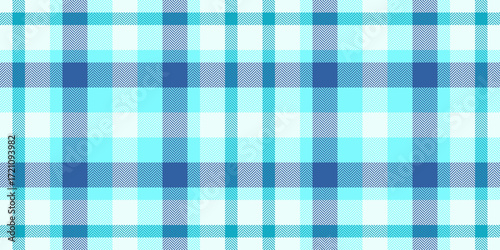 Fuzzy plaid vector seamless, eps fabric pattern textile. Upscale texture check background tartan in cyan and azure colors.