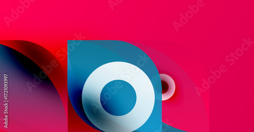 Abstract design features vibrant pink, blue gradients. Circular shapes overlap creating dynamic visual effect. Modern, minimalist aesthetic.