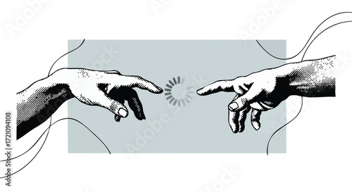 Modern interpretation of Creation of Adam with a digital loading spinner between two reaching hands, symbolizing connection or digital interaction.