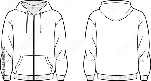 Zip up hoodie flat sketch front and back view, fashion garment template, clothing design outline, technical drawing vector illustration, apparel