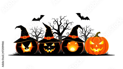 Spooky Halloween Pumpkins: A vibrant and spooky Halloween scene featuring carved pumpkins with jack-o'-lantern faces, adorned with witch hats, and set against a backdrop of silhouetted trees and bats.