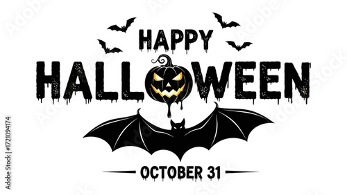 Happy Halloween: A spooky Halloween design, with carved pumpkin, bat and creepy flying bat in dark.