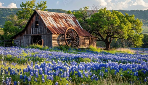 Rustic barn in a field of bluebonnets