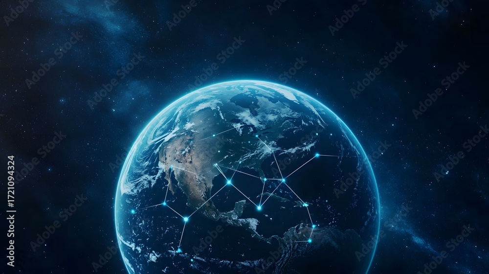 Fototapeta premium Earth globe with glowing network lines over continents sits against a backdrop of a starry night sky, representing global connectivity and technology advancement.