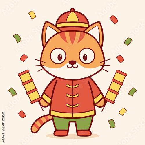 Orange cat wearing traditional chinese outfit holding firecrackers