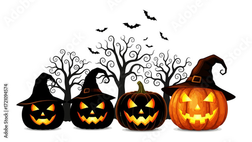 Spooky Halloween Pumpkin Patch: A quartet of grinning Jack-o'-lanterns adorn this illustration set against a backdrop of silhouette trees and flying bats.