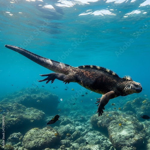 Majestic marine iguana gracefully glides through the crystal-clear, vibrant blue underwater world, surrounded by schools of colorful fish and rocky formations.