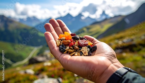 Trail mix in hand outdoors