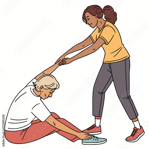 elder-exercising-with-young-trainer-isolated-on-pu.eps