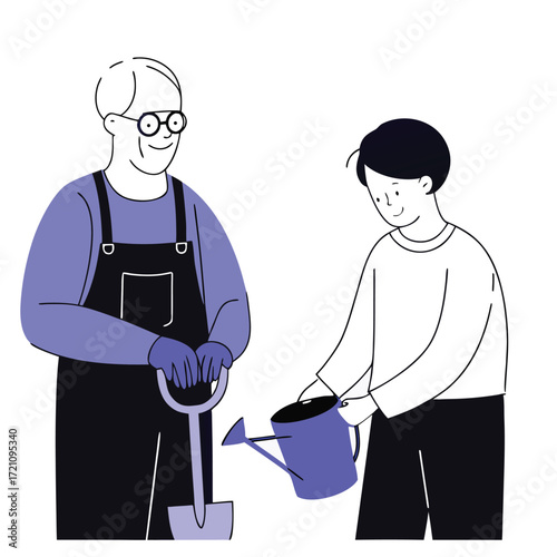 Grandpa and Grandson Gardening Together A heartwarming illustration