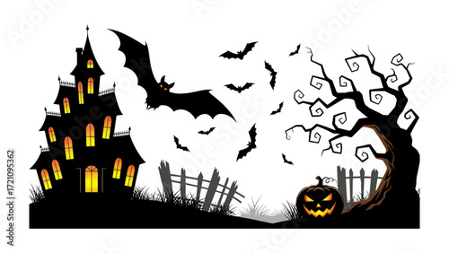 Haunted Halloween: A spooky illustration of a haunted house, bats, and a carved pumpkin, set against a dark, chilling sky, creates a perfect ambiance for Halloween.