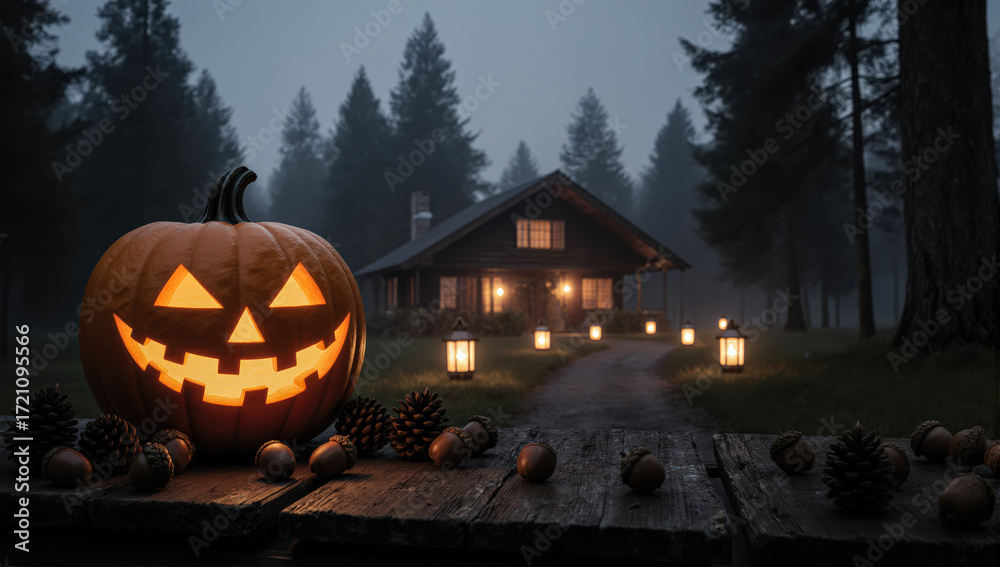 Obraz premium A playful glowing pumpkin for eco tourism. The serene woodland retreat and soft lighting create an enchanting ambiance for buyers.