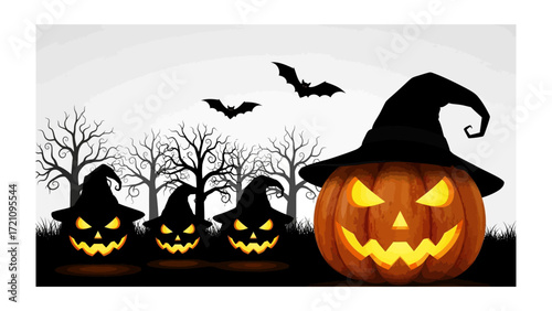 Halloween Night: A collection of illuminated pumpkins, with glowing faces and whimsical witch hats, are poised amidst a backdrop of silhouettes of bare tree and a sky peppered with silhouetted bats.