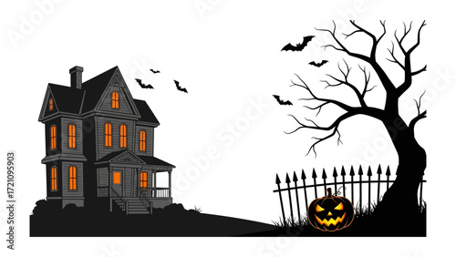 Spooky Halloween House and Decorations: Silhouette of a haunted house with glowing windows, an ominous tree and a jack-o'-lantern set the scene for a night of festive fright.
