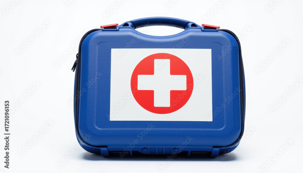 Obraz premium Blue first aid kit with red cross symbol on case, medical emergency kit for safety