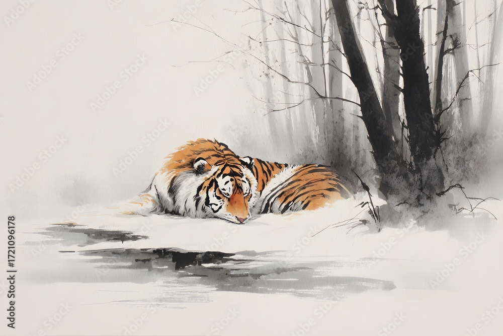Obraz premium Stylized ink artwork of a tiger peacefully sleeping in a snow-covered forest with bare winter trees and a calm atmosphere.