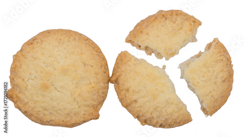 Round butter cookie whole and broken into pieces isolated on white background