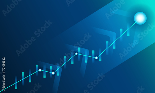 Abstract financial growth chart vector with glowing line and candlestick graph on blue background