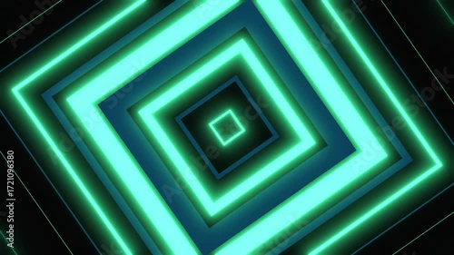 Looping geometric tunnel of square neon lights, creating a hypnotic effect.