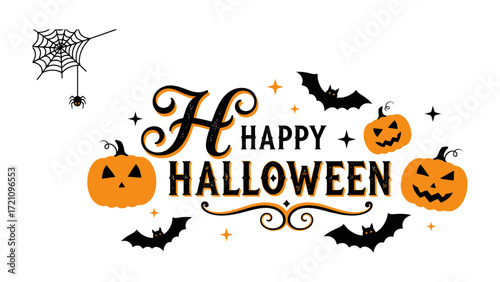 Happy Halloween Celebration: A festive digital illustration celebrates Halloween, featuring grinning pumpkins, soaring bats, a spider and web, and cheerful text.