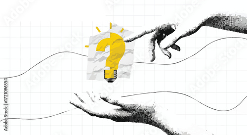Illustration of a lightbulb question mark being passed between hands.