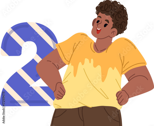 Smiling Boy Posing Behind Number Two Cheerful Illustration.