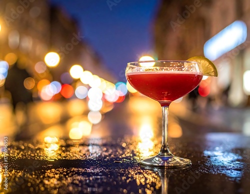 Cosmopolitan cocktail on a city street at night