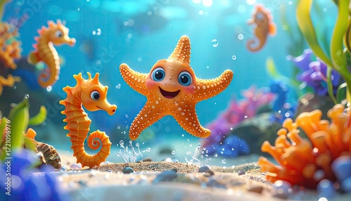Playful Starfish and Seahorses in Underwater Scene