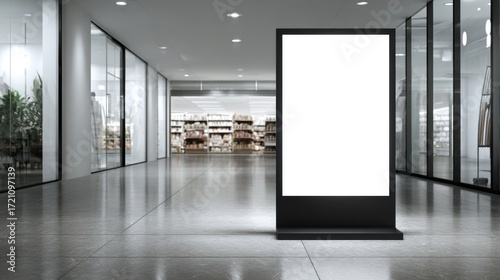Eye-catching photo of white screen LED stand in a retail supermarket environment, commercial advertising board for branding, promotions, and store marketing mockups.