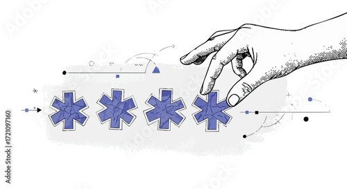 A hand reaching to input or reveal a password represented by blue asterisk symbols on a digital interface, illustrating concepts of security and privacy.