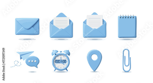 Set of blue 3D-rendered icons representing communication, messaging, and organization elements.