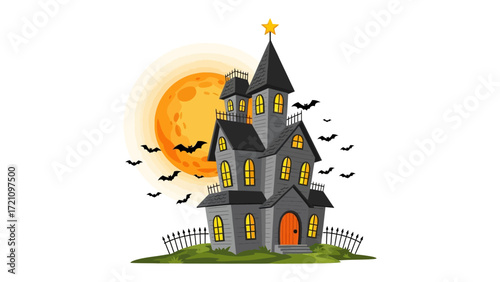 Spooky Halloween Haunted House: A thrilling depiction of a haunted house, silhouetted against a full moon, evokes the spirit of Halloween with bats, mystery and a sense of delightful fear.