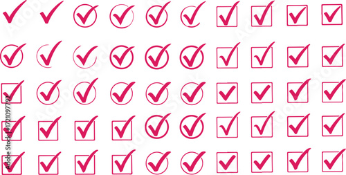 Illustration of collection of pink check marks in various shapes isolated on white background