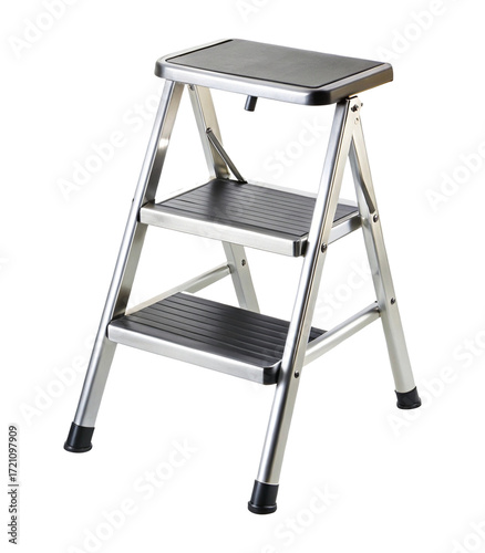 Three step ladder with silver frame and non slip step platforms isolated