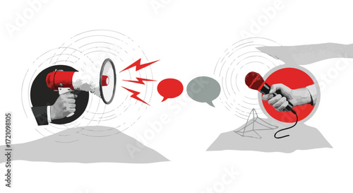 Graphic illustration of a megaphone broadcasting to a microphone, symbolizing communication, public speaking, and media interaction.