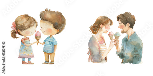 couple eatting ice cream watercolor vector illustration