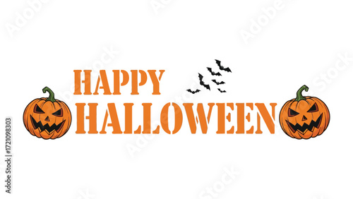 Spooky Halloween Decoration: Spooky pumpkin and bats in the cheerful orange Happy Halloween text, setting a festive tone for Halloween season. 