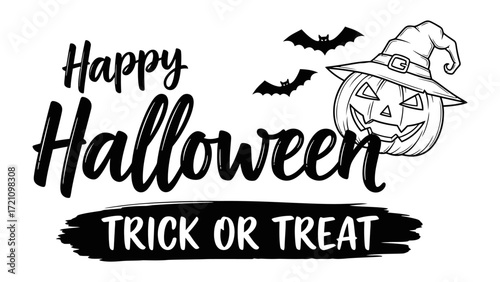 Halloween Greetings and Celebration: a festive Halloween design featuring a grinning jack-o'-lantern, playful bats, and the words Happy Halloween and Trick or Treat.