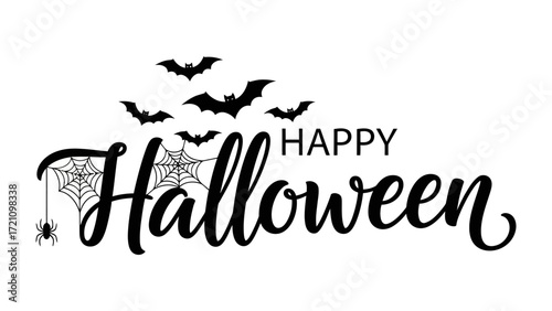 Spooky Halloween: A spooky Halloween-themed design, showcasing intricate spiderwebs, fluttering bats, and a playful spider, all accompanying the celebratory greeting Happy Halloween.