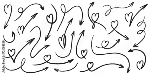 Hand drawn arrow designs with crayon texture and heart details made by brush or chalk for decorative navigation elements. Curved directional pointers with romantic symbols for valentine cards.