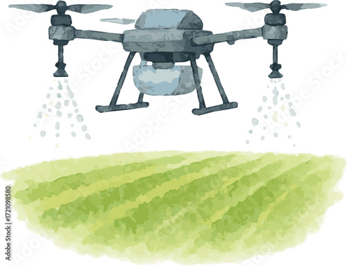 Vector watercolor illustration of a drone spraying a field